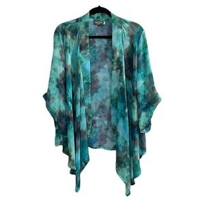 RED CORAL Watercolour Print Open Draped Waterfall Cardigan Blouse Blue Green M